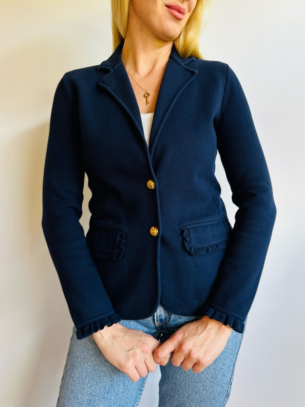 Ralph Lauren Navy Knit Ruffle Trim Gold Two Buttons Blazer Jacket Quiet Luxury